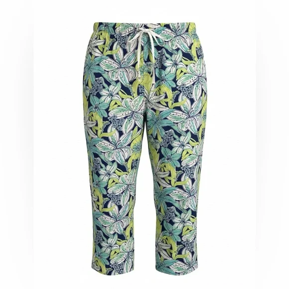 Lilly Pulitzer women’s Tropical Leaf Print PJs in Navy, Green & White size L - Picture 1 of 10